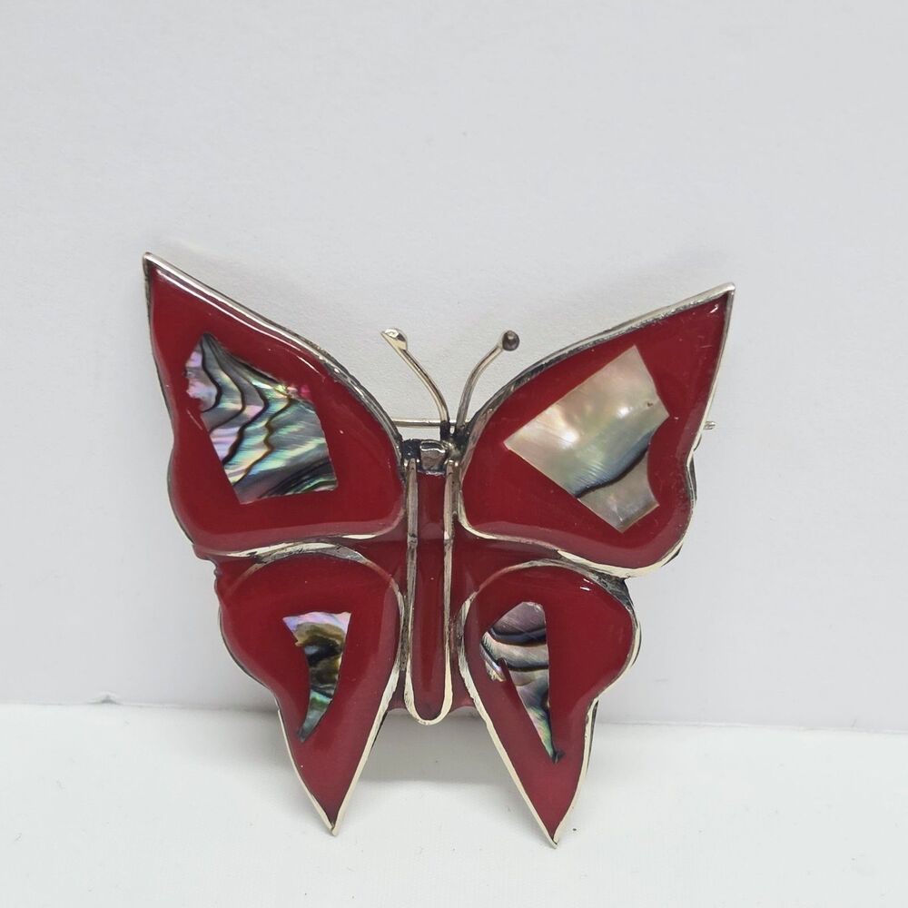 Vintage Alpaca Mexico Red Silver Butterfly Brooch Iridescent Abalone Wings